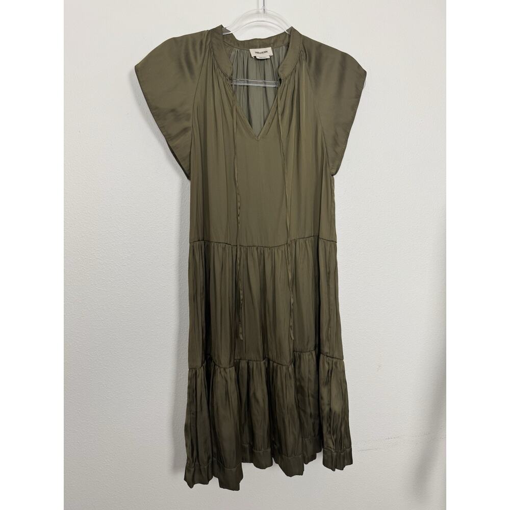 Zadig & Voltaire Olive Green Satin Dress Womens XS Flowy Tiered Mini $358 - Picture 4 of 13